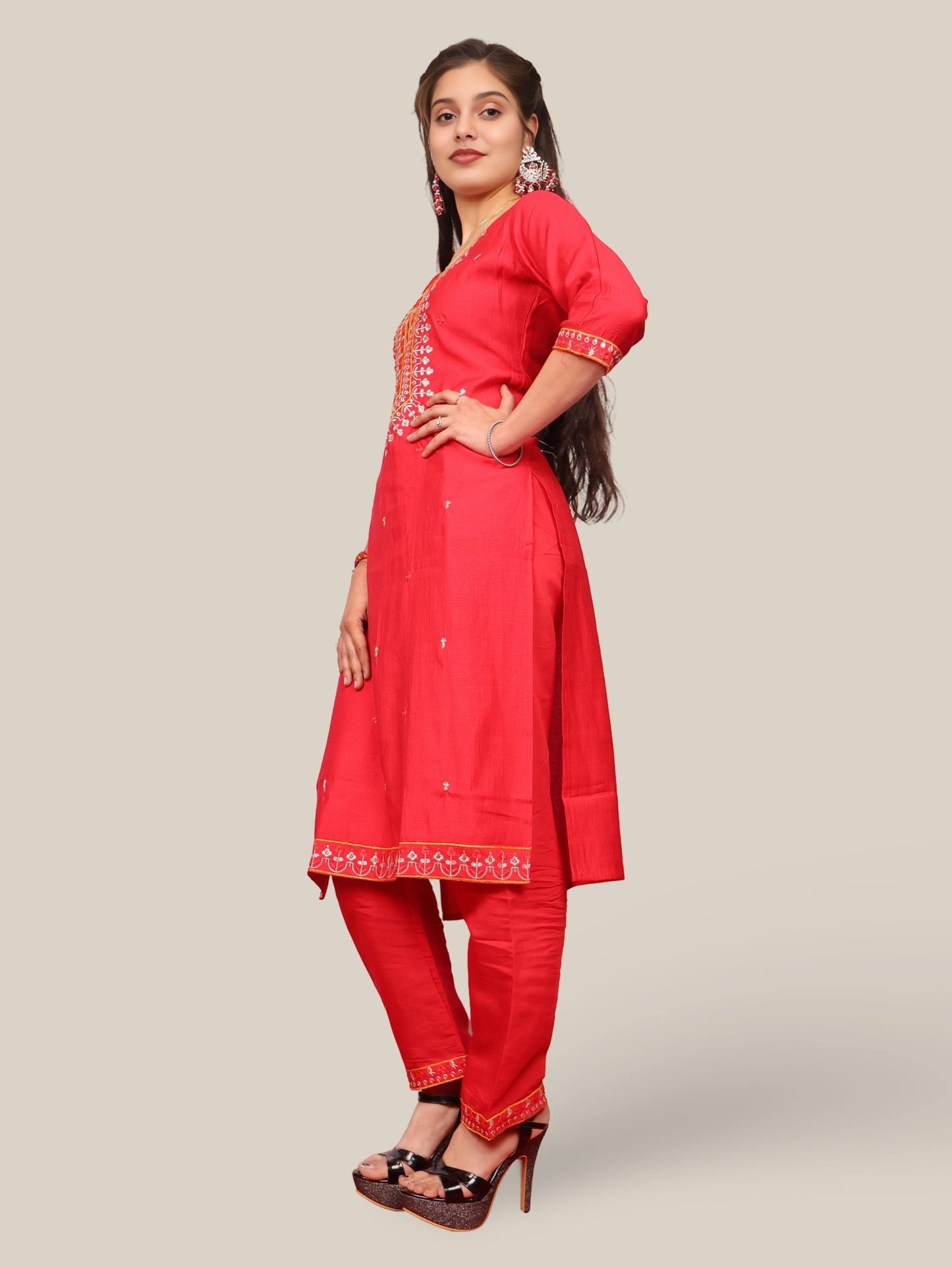 Rayon - Cotton Embroidered Straight Kurti Set with Pant and Dupatta - UrbanNest Co