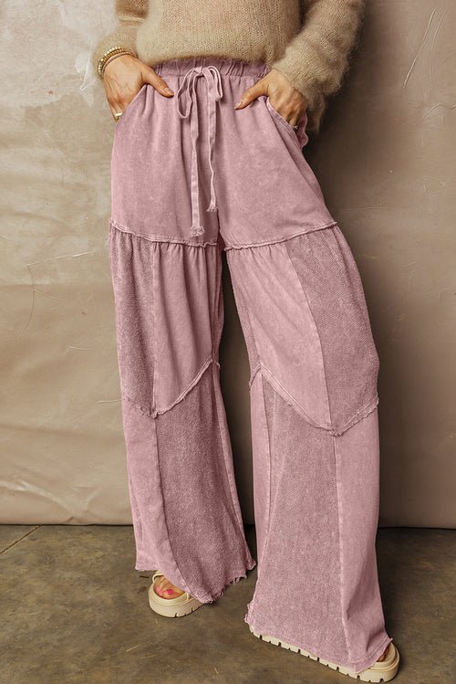Mineral Wash Patchwork Tiered Wide Leg Pants - UrbanNest Co