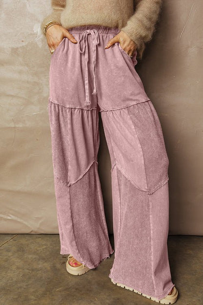Mineral Wash Patchwork Tiered Wide Leg Pants - UrbanNest Co