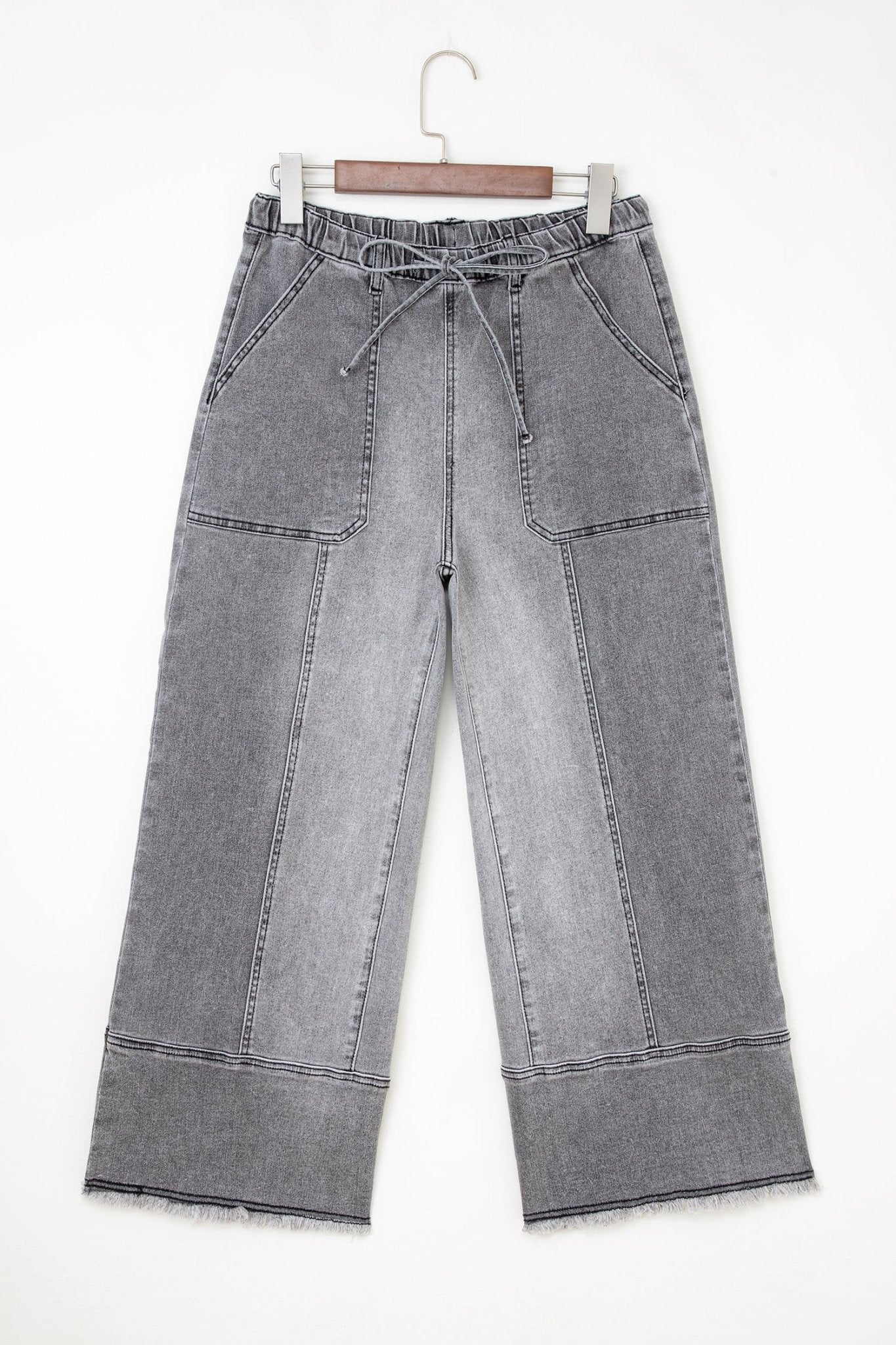 Denim Raw Hem Drawstring Wide Leg Pants - UrbanNest Co