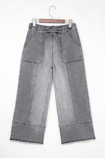 Denim Raw Hem Drawstring Wide Leg Pants - UrbanNest Co