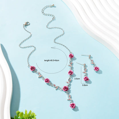 Jewellery set Silvery Chain Pink Flower Pendant Necklace Dangle Earrings - UrbanNest Co