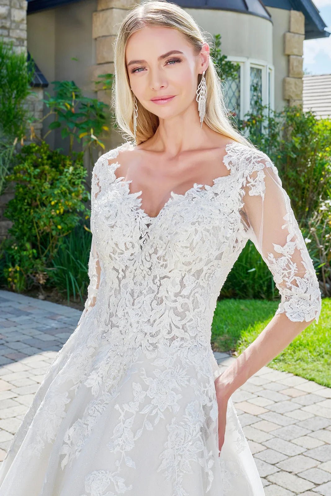 Wedding dress with V - neck, embroidered sparkly mesh and 1/2 sleeves - UrbanNest Co