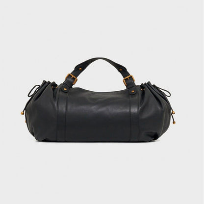 Black large capacity soft leather tote bag with pleated drawstring hand - held shoulder bag - UrbanNest Co