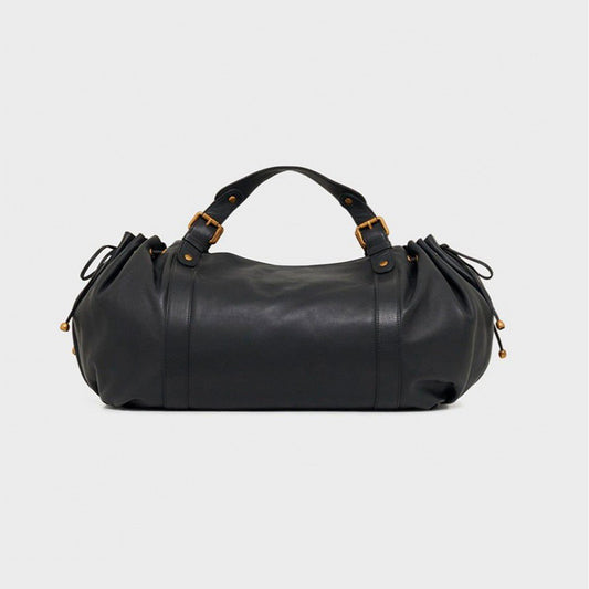 Black large capacity soft leather tote bag with pleated drawstring hand - held shoulder bag - UrbanNest Co