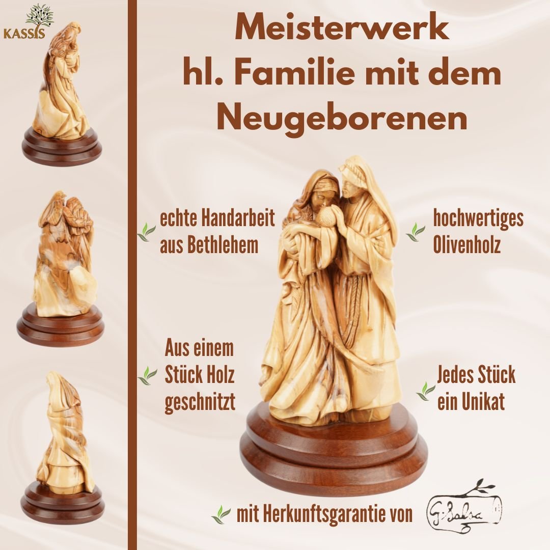 Heilige Familie mit dem Neugeborenen – Handgeschnitzte Olivenholzfigur aus Bethlehem (27 cm) - UrbanNest Co