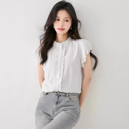 Cotton Ruffle White Short Sleeve Blouse for Women Summer Fashion Fly Sleeve Shirt Top - UrbanNest Co