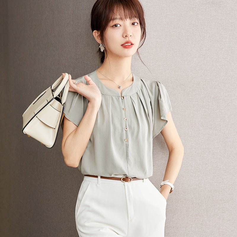 Chiffon Short Sleeve Blouse for Women, Summer Designer Loose Fit with Flutter Sleeves and Peter Pan Collar Top - UrbanNest Co