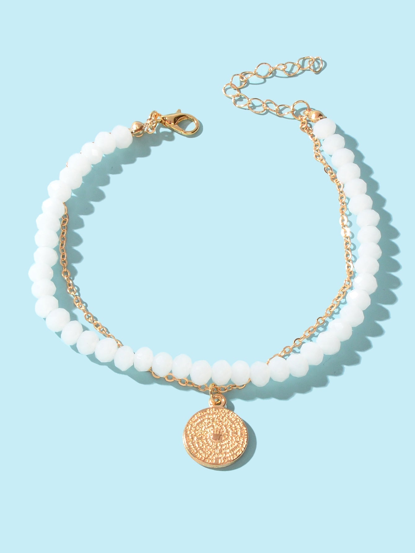 Layered Foot Chain White Beaded Gold Disc Charm Anklet Accessories Foot Jeweller - UrbanNest Co