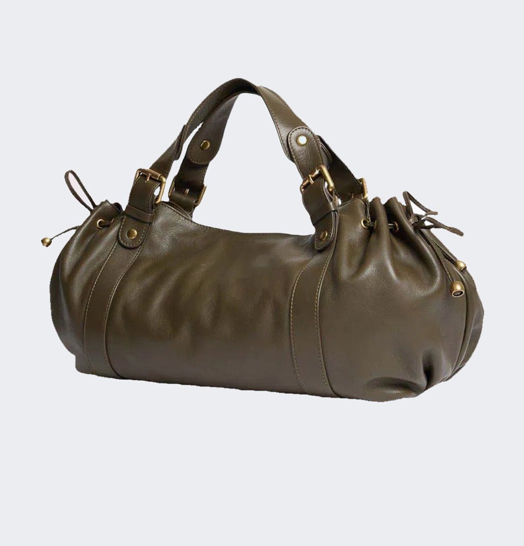 Black large capacity soft leather tote bag with pleated drawstring hand - held shoulder bag - UrbanNest Co