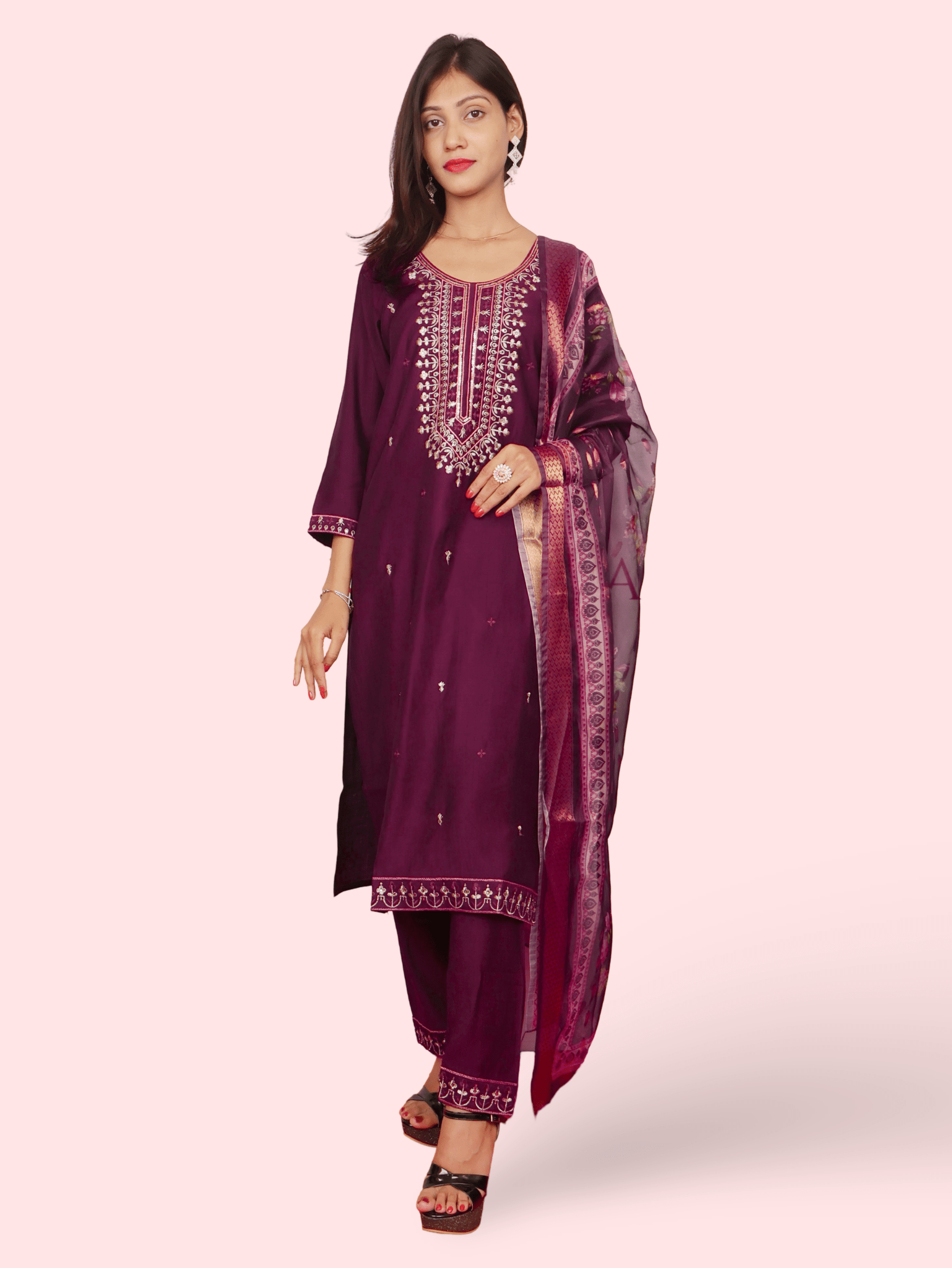 Rayon - Cotton Embroidered Straight Kurti with Pant and Dupatta - UrbanNest Co