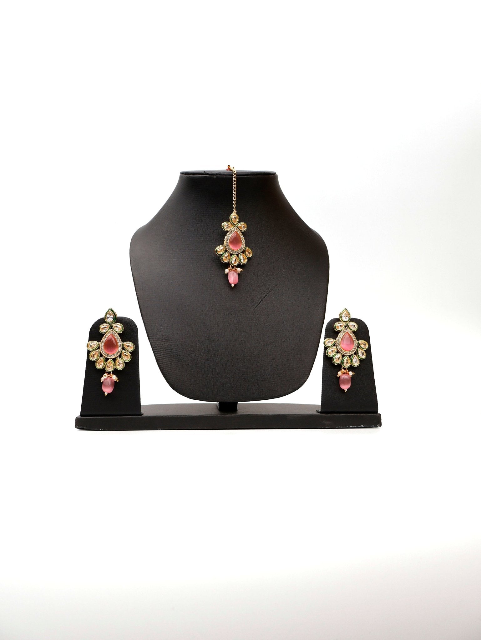Polki and Pink Monalisa Stone Necklace with Earrings & Mang Tkka - UrbanNest Co