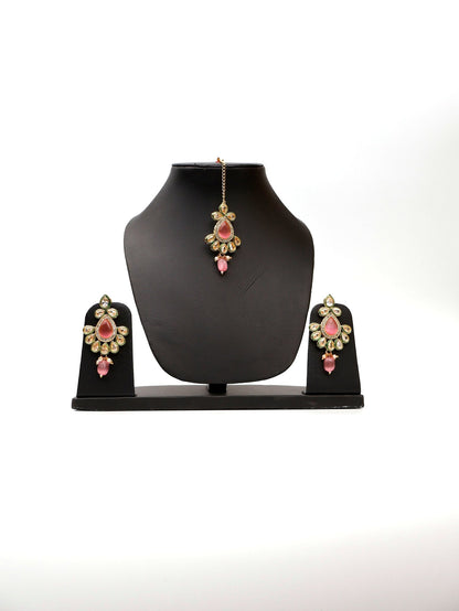 Polki and Pink Monalisa Stone Necklace with Earrings & Mang Tkka - UrbanNest Co