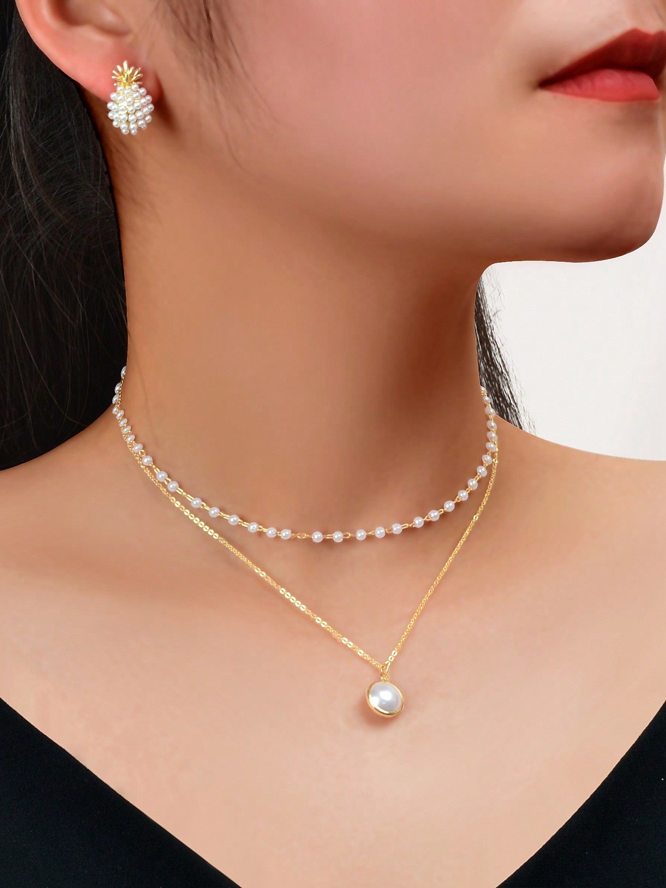 Pearl Pendant Double Layer Necklace & Pineapple Pearl Earrings Jewellery Set - UrbanNest Co