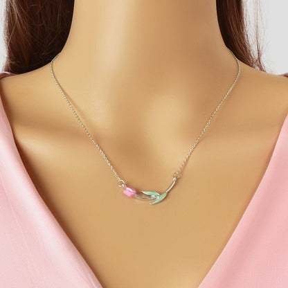 Elegant Silver Chain Green Leaf Pink Tulip Flower Pendant Anniversary Necklace - UrbanNest Co