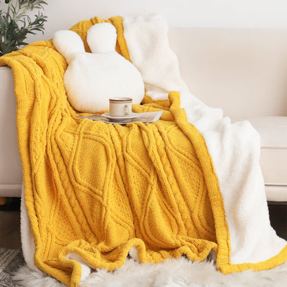 SOGA 200x230cm Throw Blanket Yellow and White Chenille Fleece Knitted Fabric on One Side Soft Suede - UrbanNest Co
