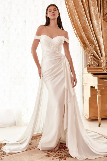 Draped Off The Shoulder Bridal Gown With Overskirt - UrbanNest Co