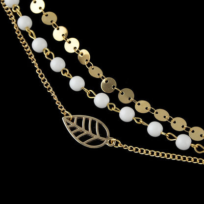 1 pc Foot Beach Jewellery Gold Silver Multi - layer Chain White Beads Leaf Anklet - UrbanNest Co