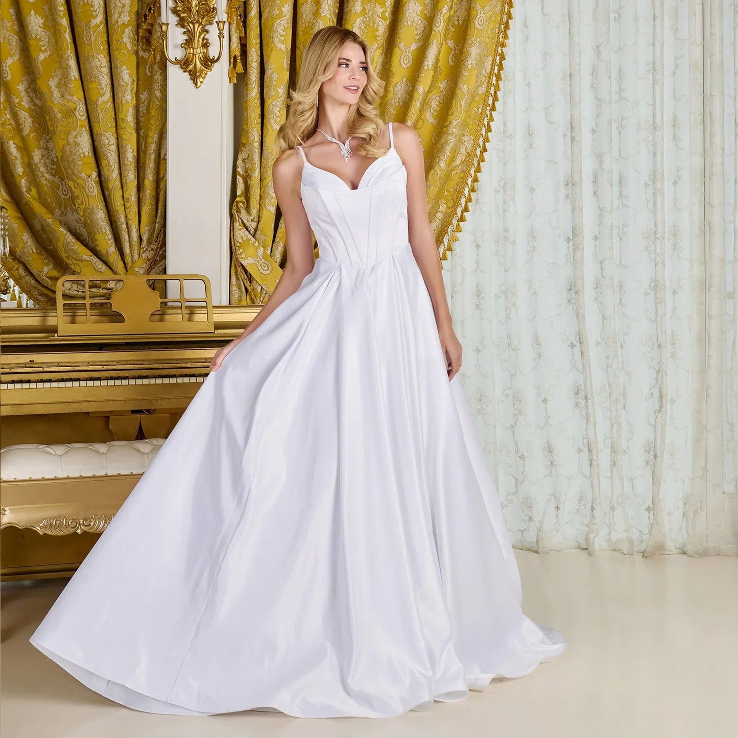 A - line, satin wedding gown spaghetti straps V - neckline - UrbanNest Co