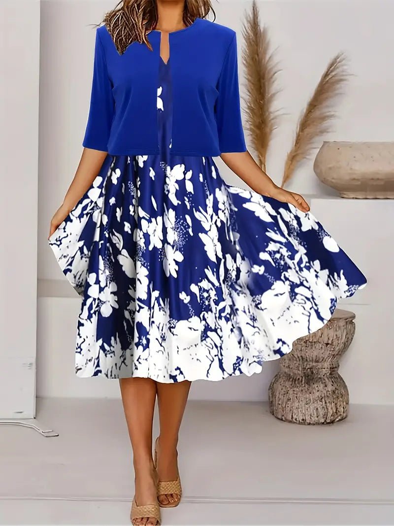 Two - piece long dress with floral and grass print, round neckline - UrbanNest Co
