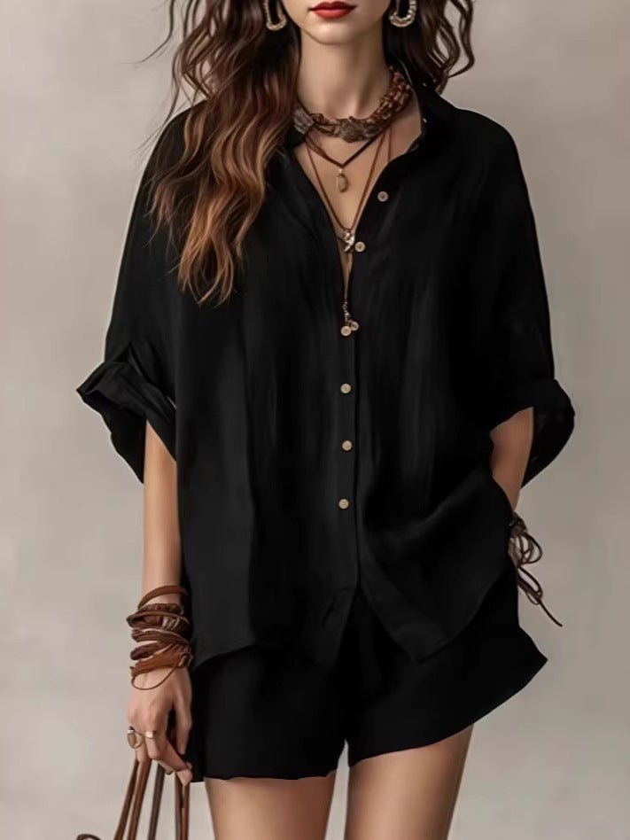 Women's wear 2026 solid color loose button - down shirt and shorts casual - UrbanNest Co