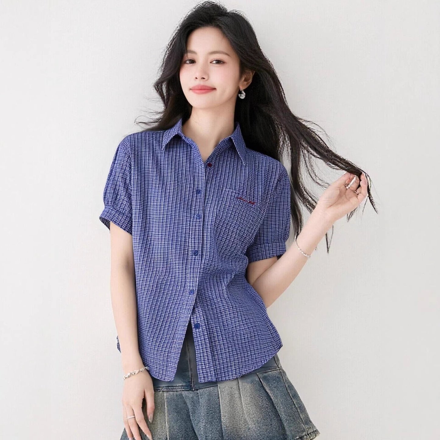 Blue and White Checkered Short Sleeve Shirt for WomenDesign Sense Versatile Casual Top - UrbanNest Co
