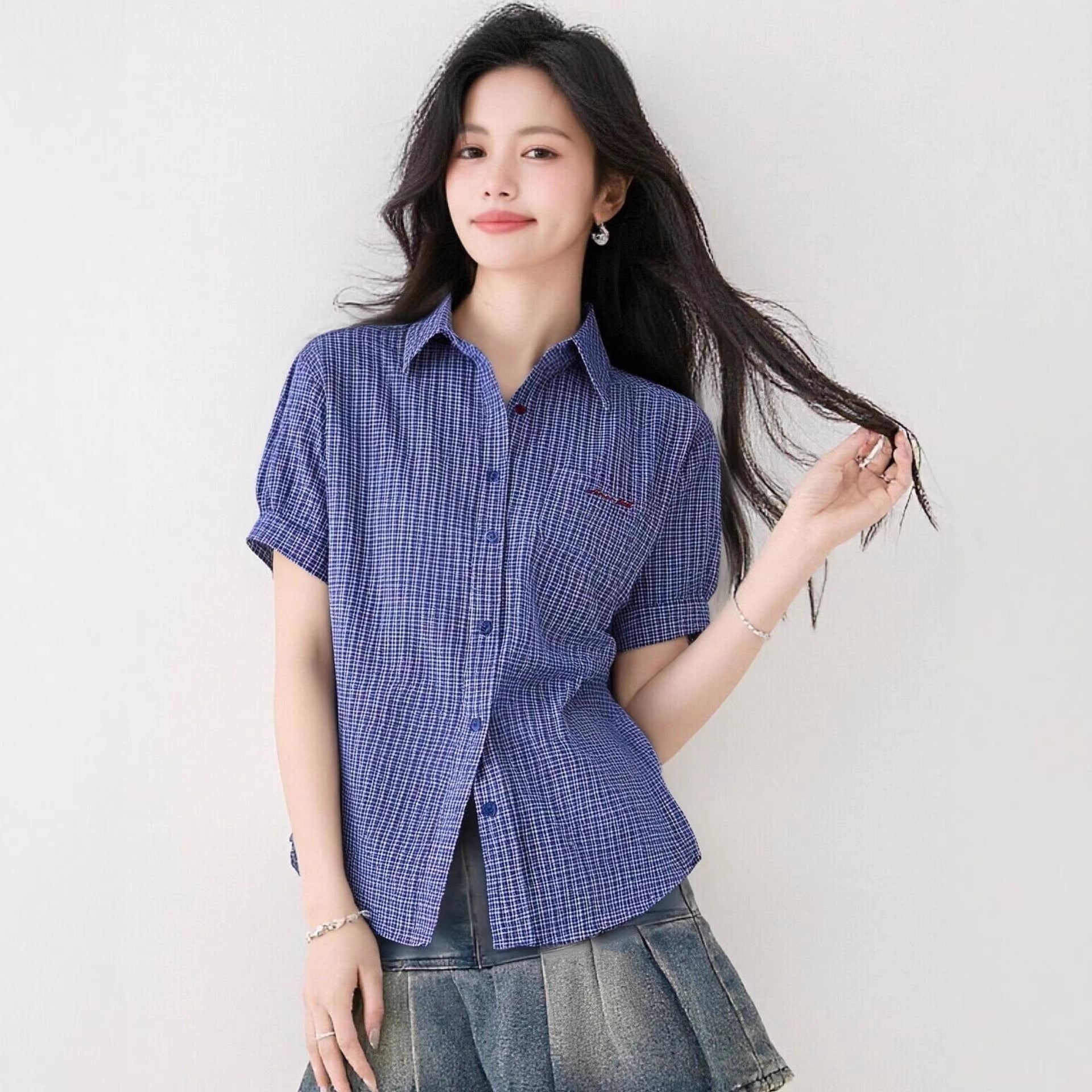 Blue and White Checkered Short Sleeve Shirt for WomenDesign Sense Versatile Casual Top - UrbanNest Co