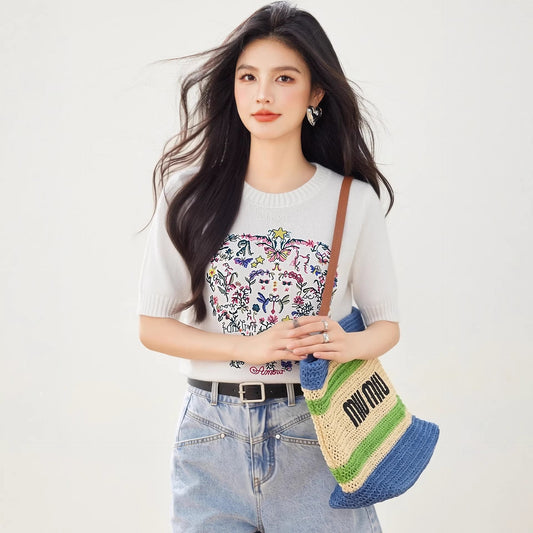 Chic Embroidered Short Sleeve Knit Top for Women, Summer Fashion Stylish Elegant Casual Simple Blouse - UrbanNest Co