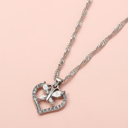 Anniversary Jewelry Silver Chain Full Rhinestone Butterfly Heart Charm Necklace - UrbanNest Co