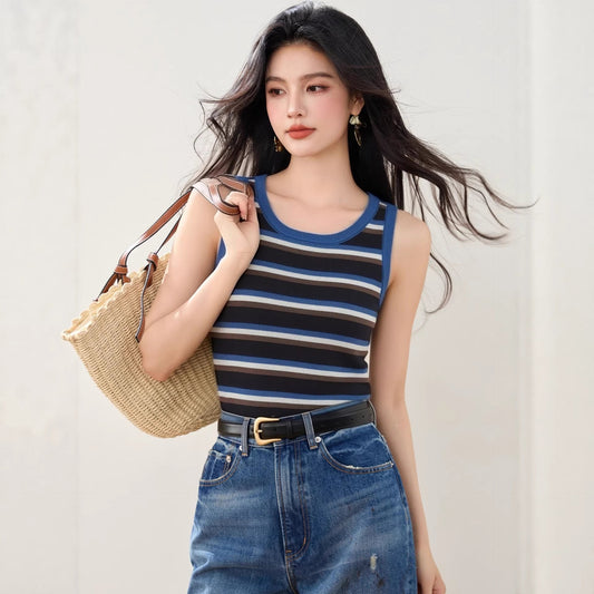 Chic Color - Blocking Stripe Knit Tank Top for Women Short Crop Top Summer FashionCasual Style - UrbanNest Co