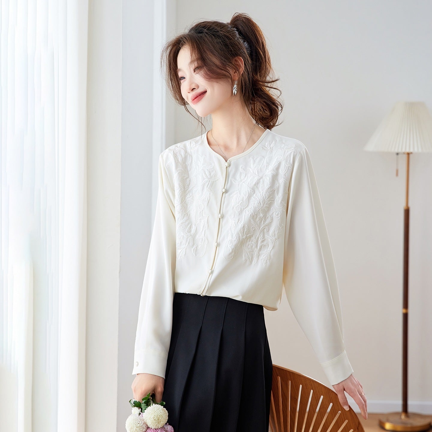 Elegant Embroidered Silk Chiffon Blouse for Women Long Sleeve Chinese Style National Wind Top - UrbanNest Co