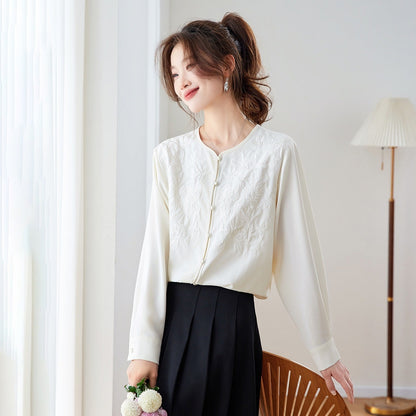 Elegant Embroidered Silk Chiffon Blouse for Women Long Sleeve Chinese Style National Wind Top - UrbanNest Co