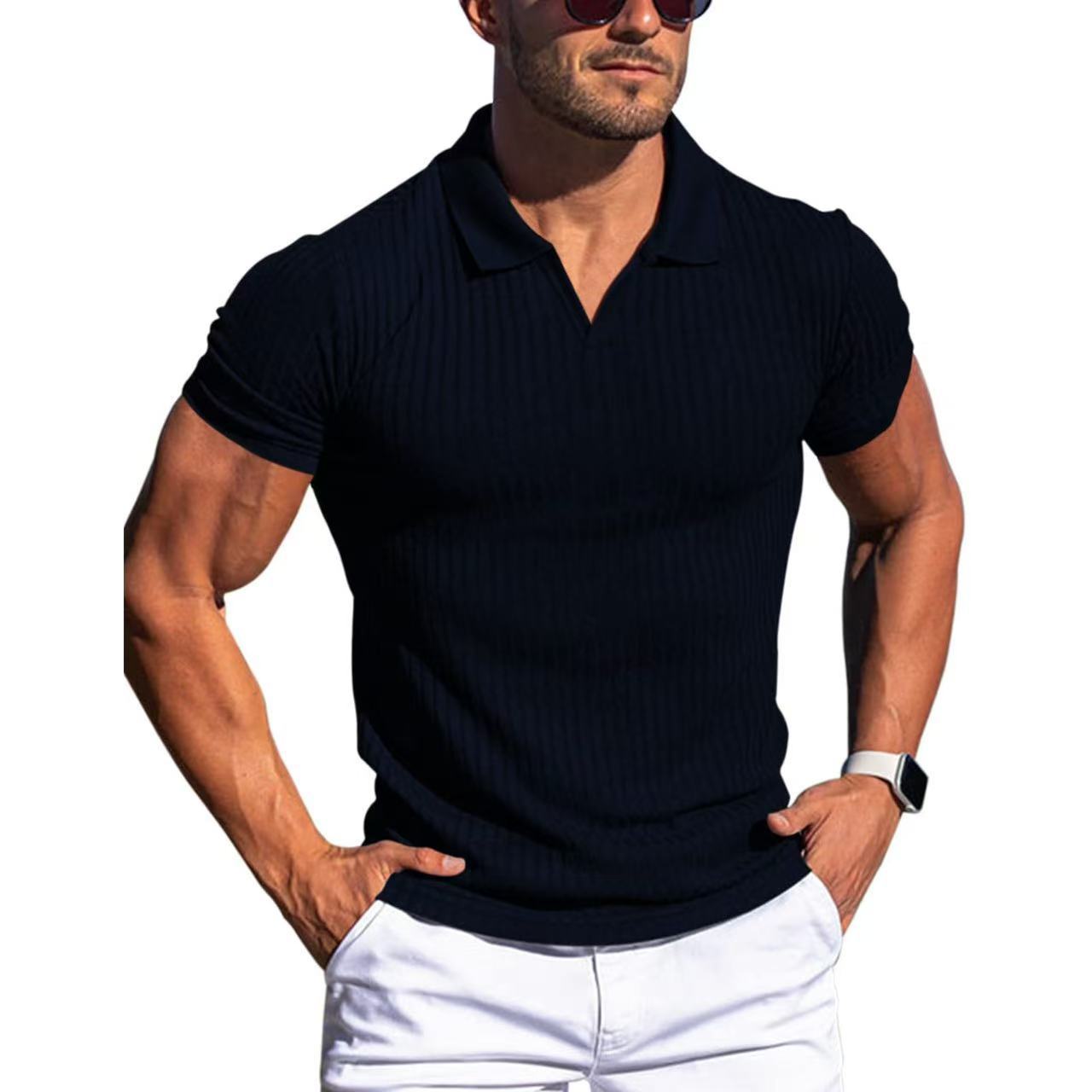 Men's POLO shirt, lapel, men's T-shirt, V - neck, short - sleeved, vertical striped POLO shirt - UrbanNest Co