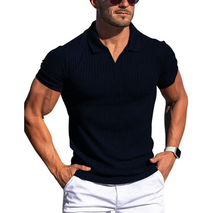 Men's POLO shirt, lapel, men's T-shirt, V - neck, short - sleeved, vertical striped POLO shirt - UrbanNest Co