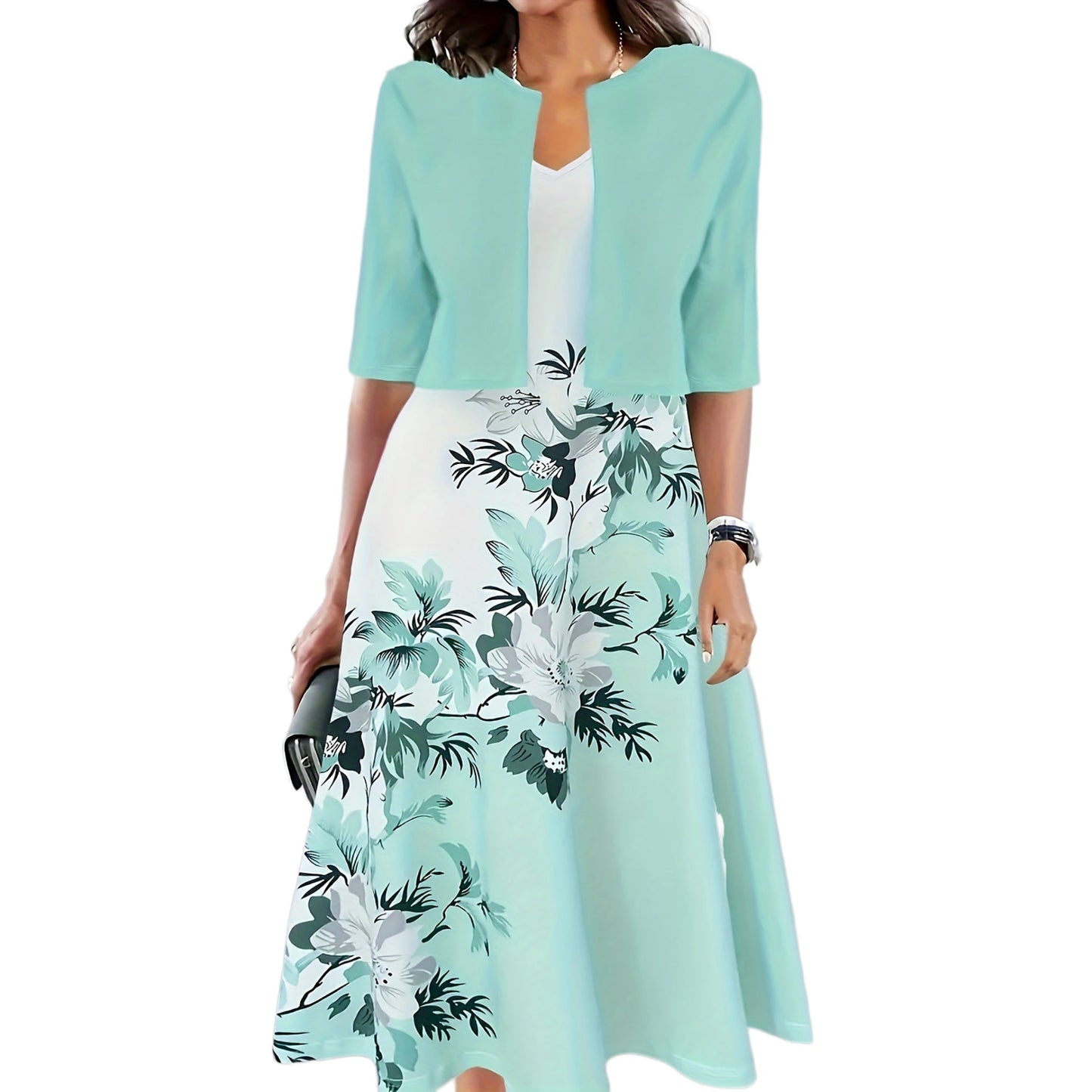 Two - piece long dress with floral and grass print, round neckline - UrbanNest Co