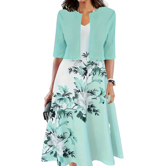 Two - piece long dress with floral and grass print, round neckline - UrbanNest Co