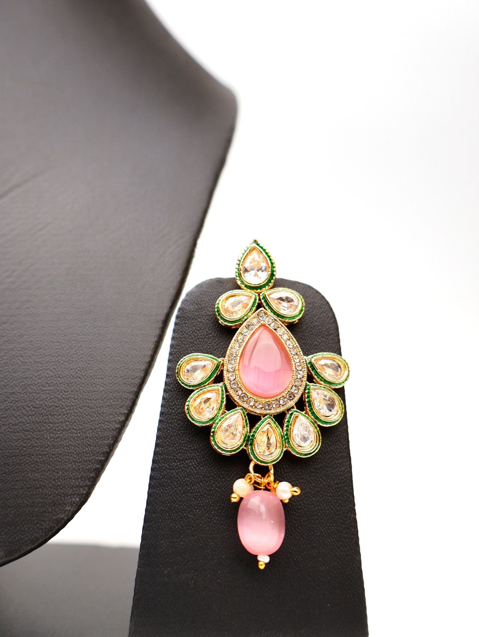 Polki and Pink Monalisa Stone Necklace with Earrings & Mang Tkka - UrbanNest Co
