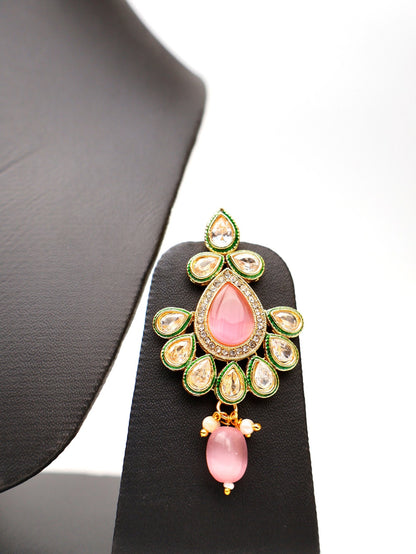 Polki and Pink Monalisa Stone Necklace with Earrings & Mang Tkka - UrbanNest Co