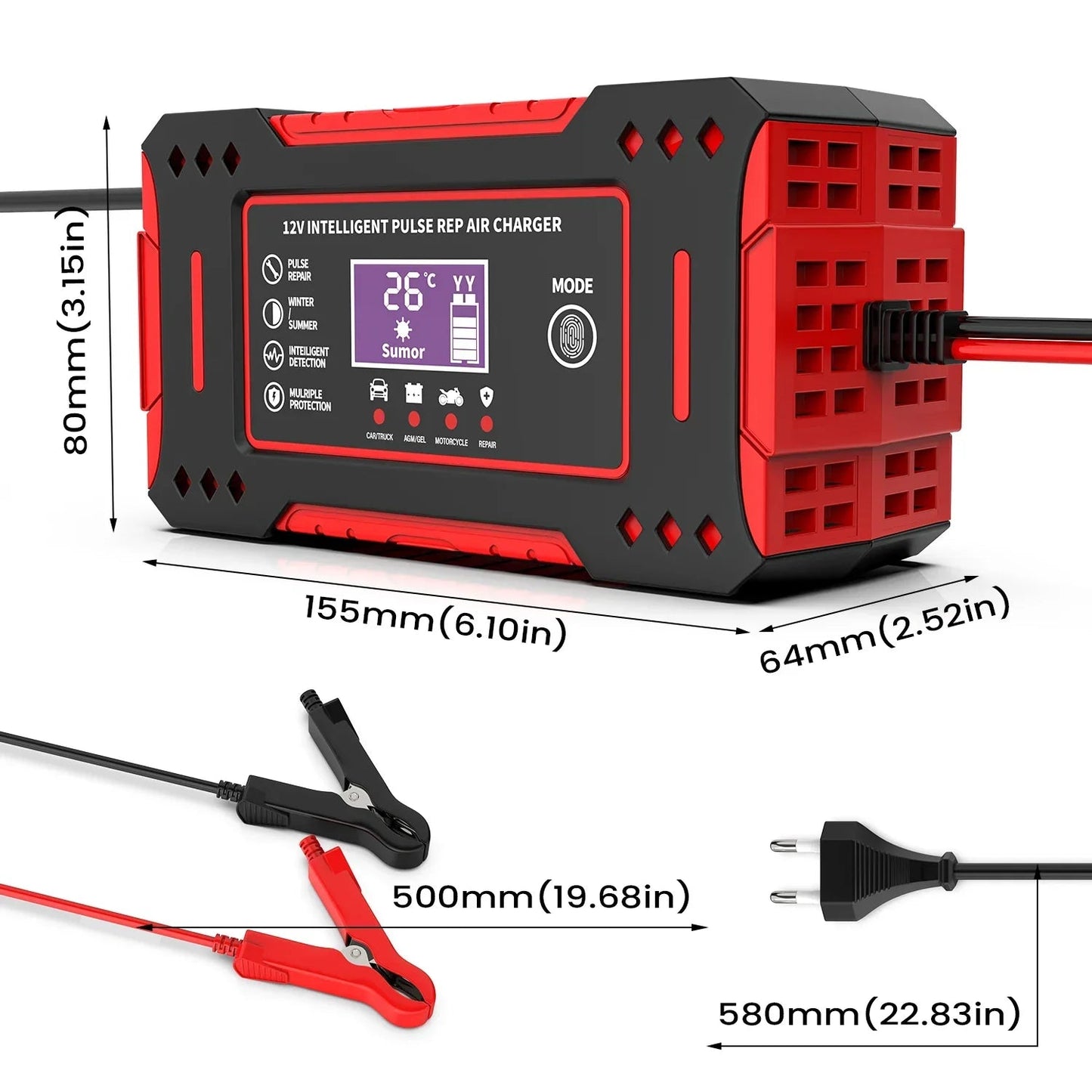 6A 12V Smart Car Battery Charger Lead - Acid Battery Red - UrbanNest Co