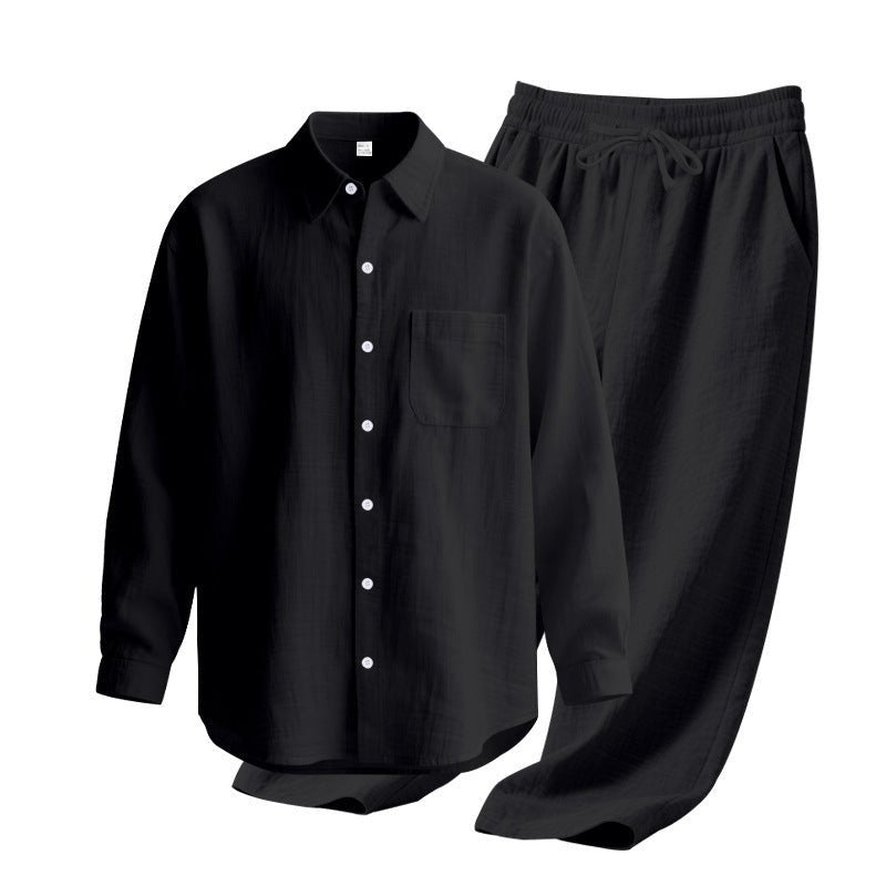 Linen solid color lapel buckle casual long sleeved pants men's suit - UrbanNest Co