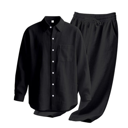 Linen solid color lapel buckle casual long sleeved pants men's suit - UrbanNest Co