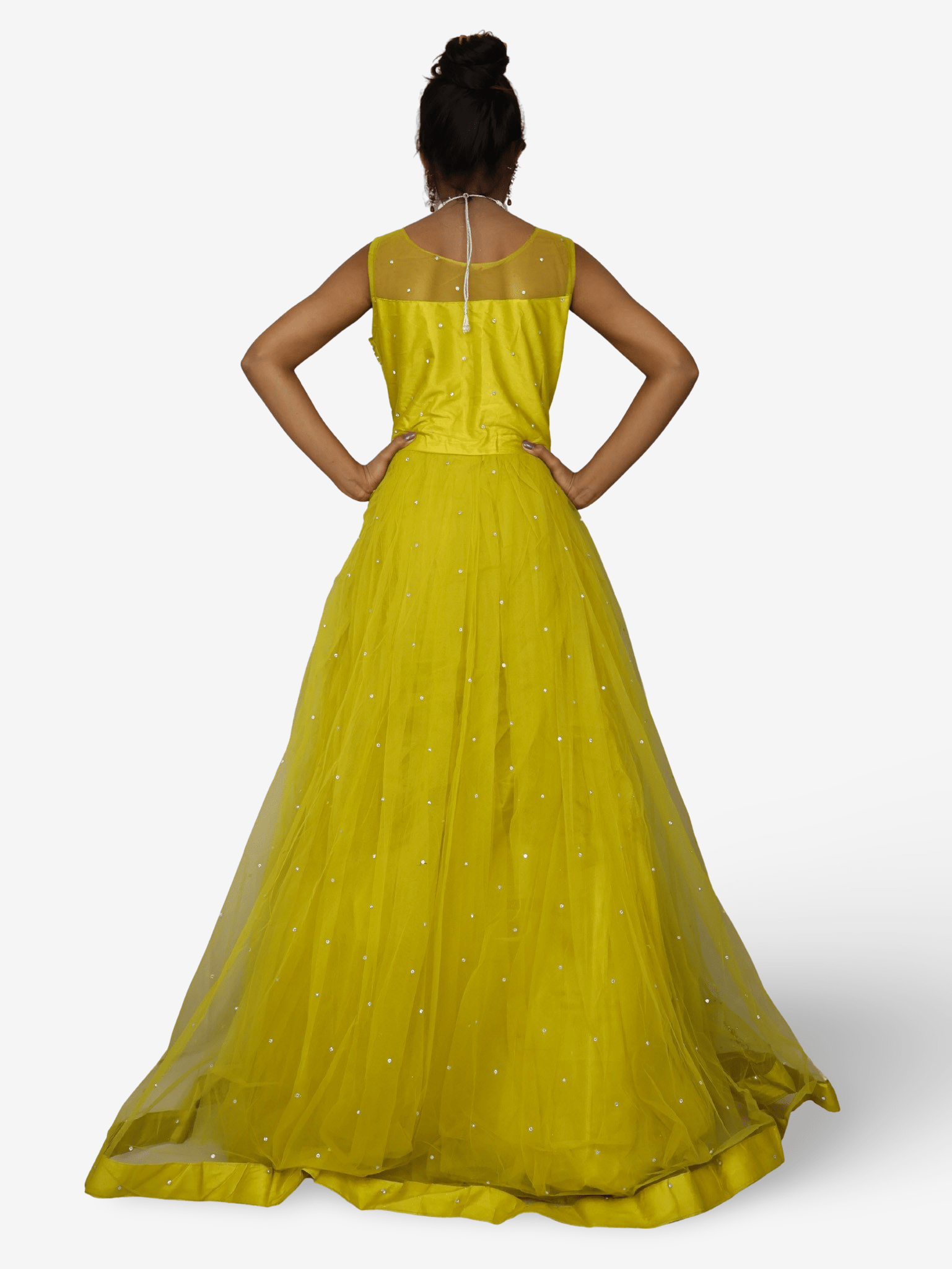Lemon yellow gown with mirror and pearl work to soft net fabric for women by Shreekama - UrbanNest Co