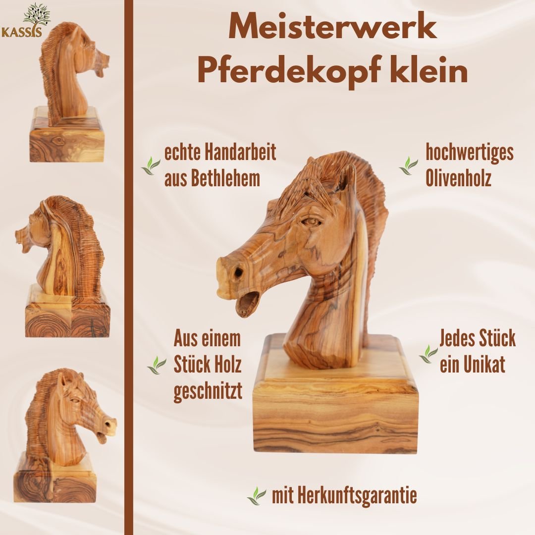 Handgeschnitzter Pferdekopf aus Olivenholz (klein) – Exklusive Holzskulptur aus Bethlehem (16 cm) - UrbanNest Co