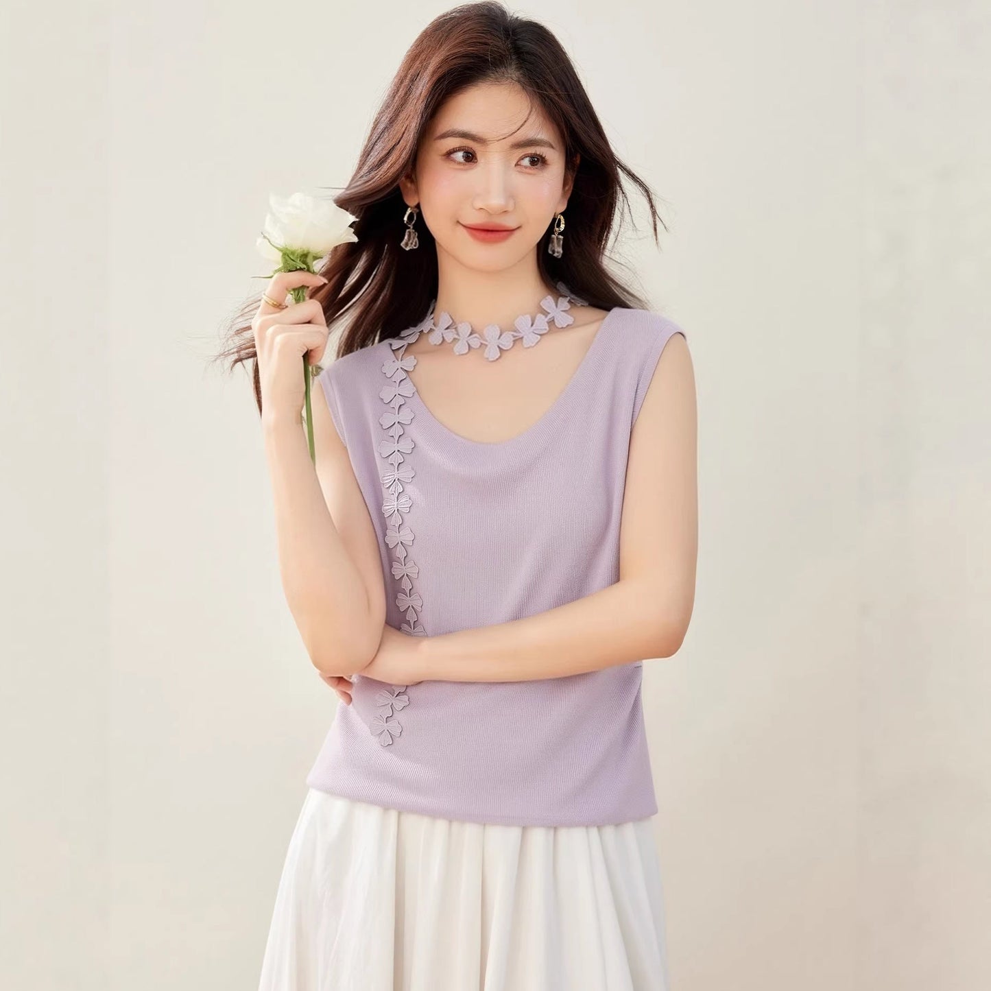 Clothing Decorative Sleeveless Vest Women Summer Inner Wear Plus Size Slim Fit Versatile Knit Top Purple Underwear - UrbanNest Co