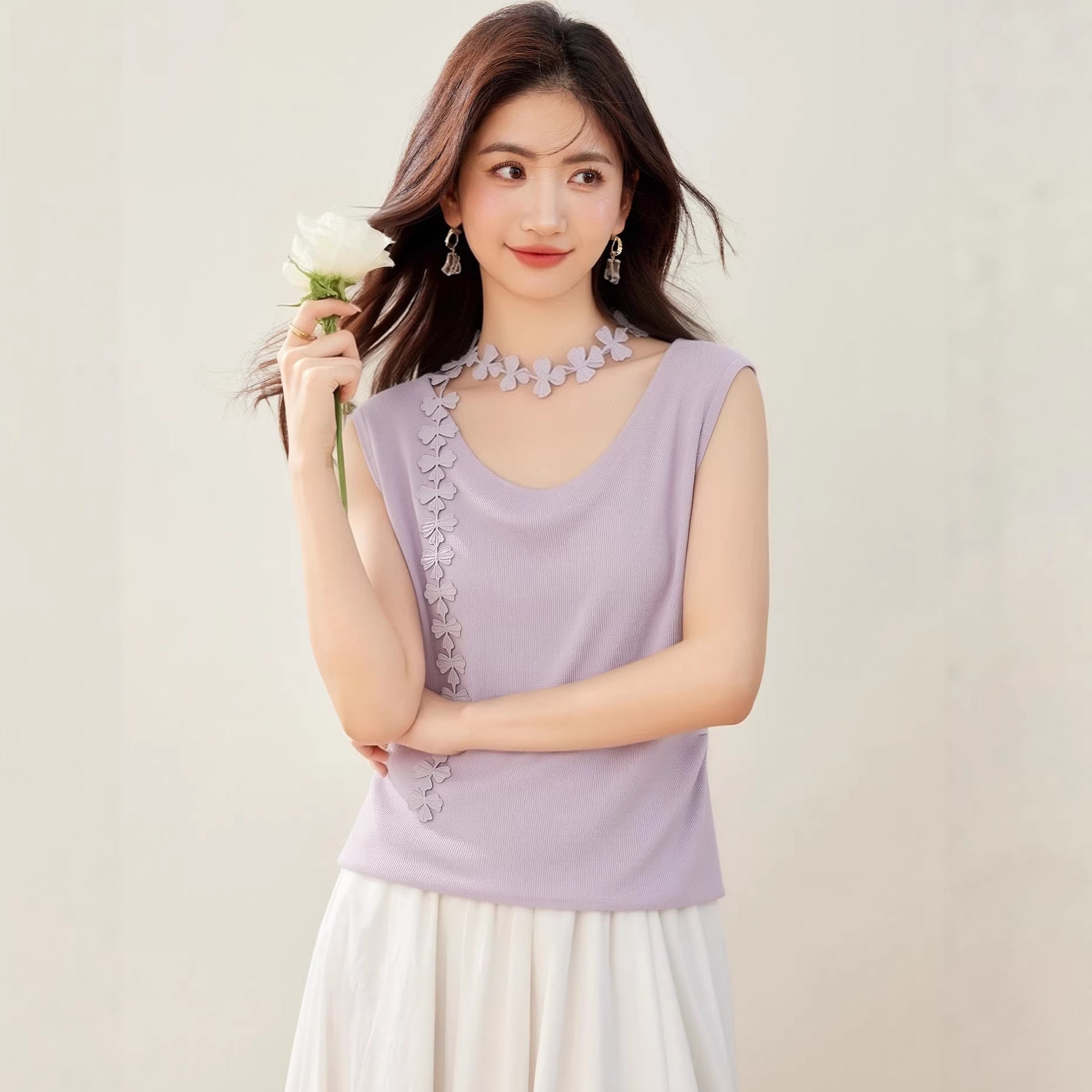 Clothing Decorative Sleeveless Vest Women Summer Inner Wear Plus Size Slim Fit Versatile Knit Top Purple Underwear - UrbanNest Co