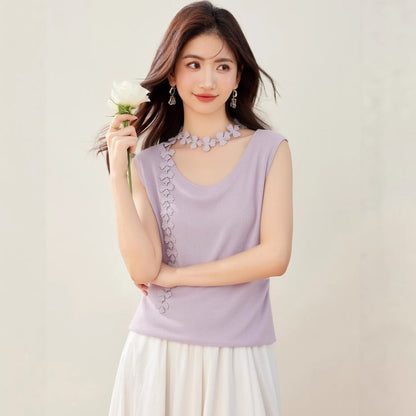 Clothing Decorative Sleeveless Vest Women Summer Inner Wear Plus Size Slim Fit Versatile Knit Top Purple Underwear - UrbanNest Co