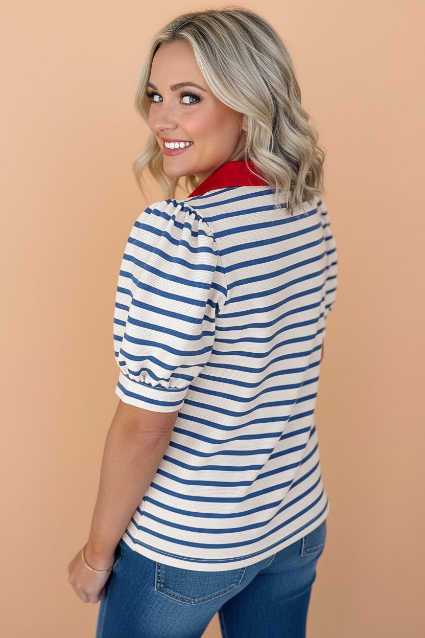 Stripe Colorblock Puff Sleeve Polo Collar Blouse - UrbanNest Co