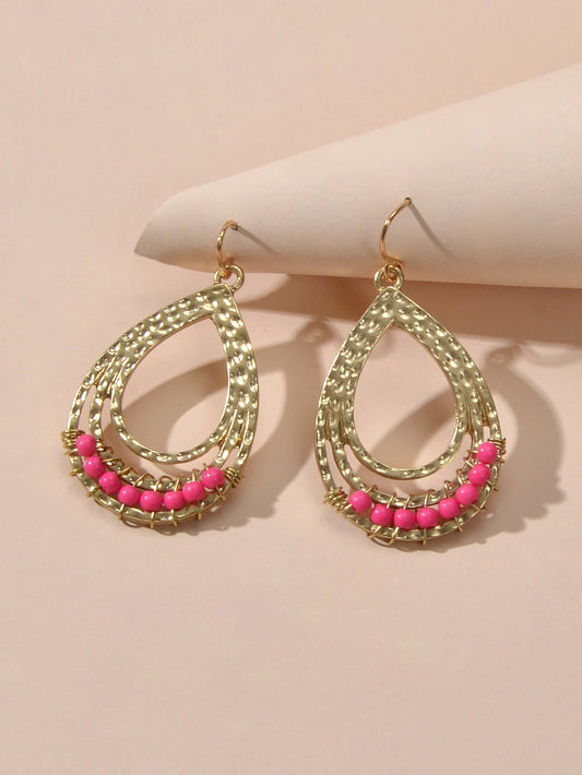 Ethnic Hotpink Beads Handmade Hollow Water Drop Bohemian Traditional Earrings - UrbanNest Co