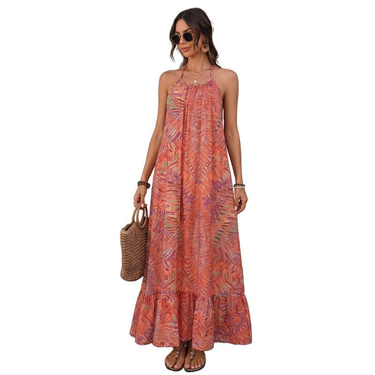 Bohemian Vacation Style Loose Abstract Print Halter Backless Dress - UrbanNest Co