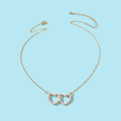 Elegant Gift Anniversary Jewellery Gold Chain Pearl Double Heart Charm Necklace - UrbanNest Co